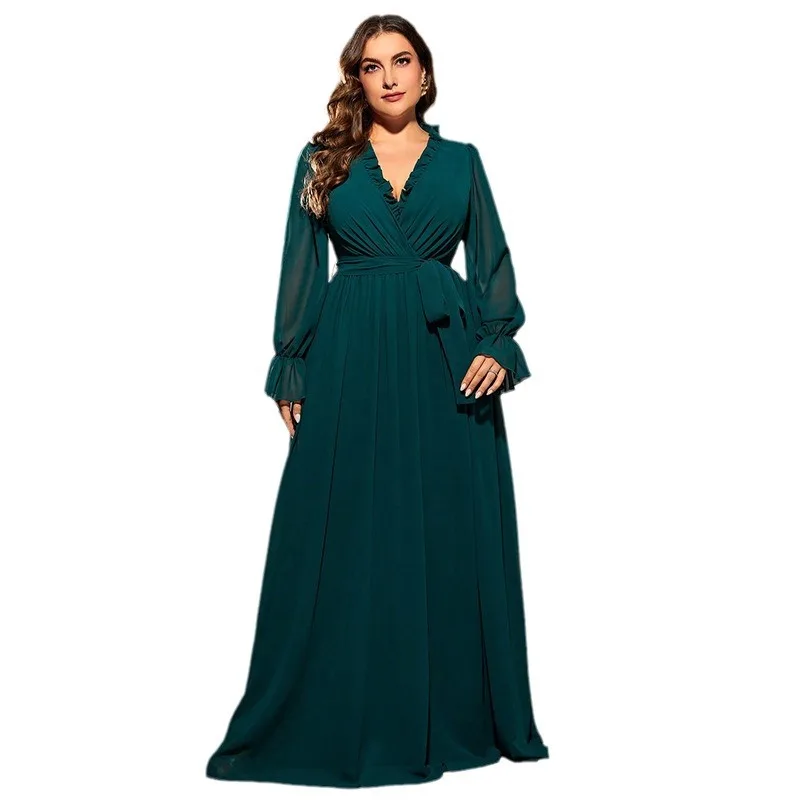 Elegant V-neck Ruffles Ruched Lace Up Chiffon Long Formal Evening Plus Size Dress Green With Long Sleeves
Elegant V-neck Ruffles Ruched Lace Up Chiffon Long Formal Evening Plus Size Dress Green With Long Sleeves