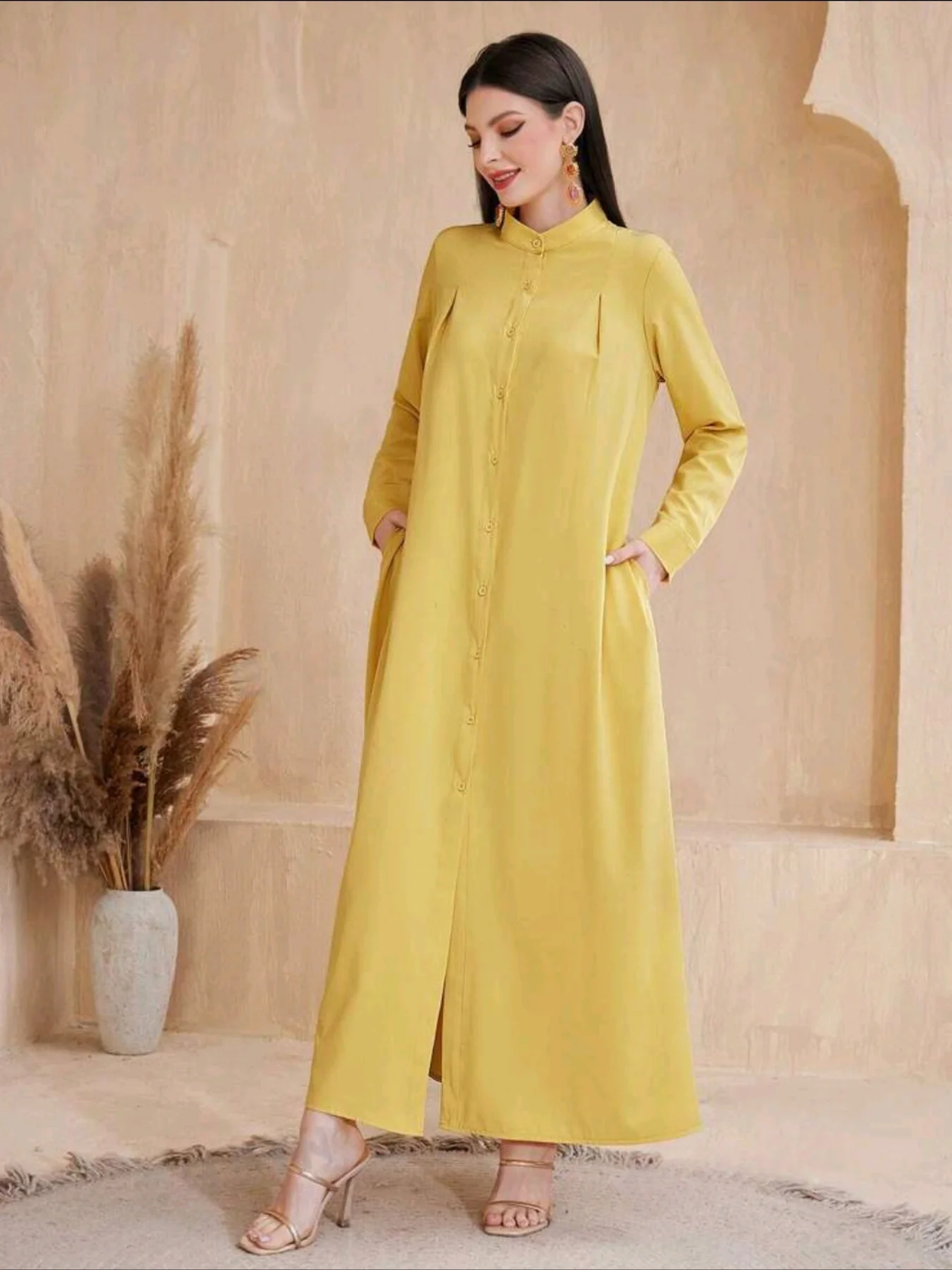 Spring Autumn Muslim Long Dresses Women Single-breasted Yellow Dress Abayas Clothing
Spring Autumn Muslim Long Dresses Women Single-breasted Yellow Dress Abayas Clothing