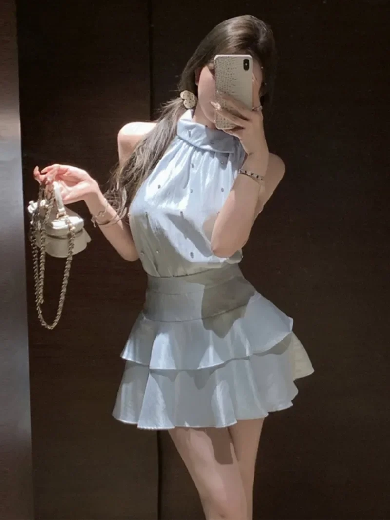 Chic Minimalist Two-Piece Set Neck Hanging Top Half Skirt European Fashion Slish Cotton Blend Summer Outfit for Young Women
Chic Minimalist Two-Piece Set Neck Hanging Top Half Skirt European Fashion Slish Cotton Blend Summer Outfit for Young Women