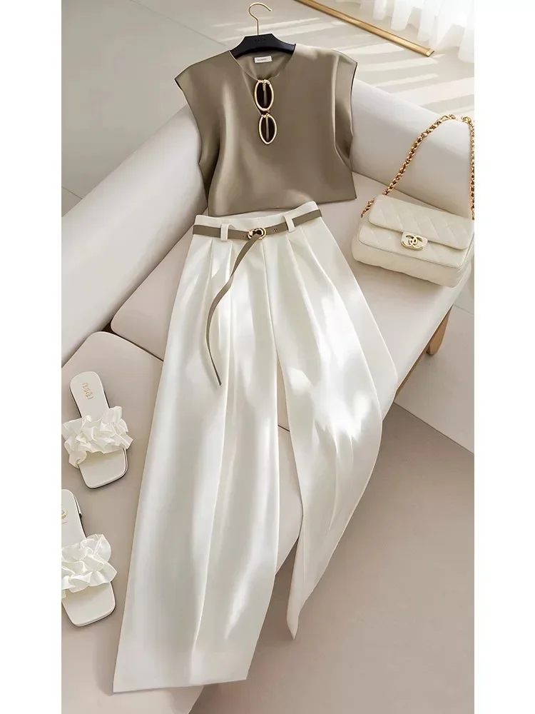 Women Elegant O-neck T-shirt Crop Top + Wide Leg Pants Fashion Women's Suit New High End Office Lady Summer Two Piece Sets
Women Elegant O-neck T-shirt Crop Top + Wide Leg Pants Fashion Women's Suit New High End Office Lady Summer Two Piece Sets