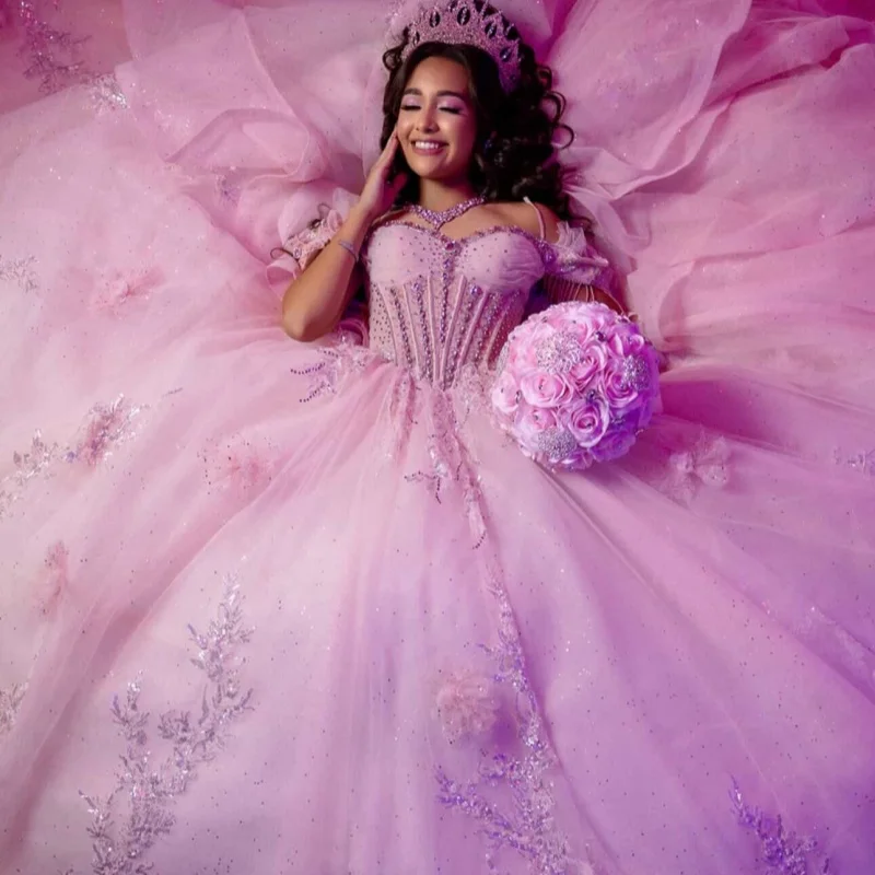 Pink Quinceanera Dress off-shoulder Sequins Crystal 3D Flower Layering Decal Long tail Bow vestidos de 15 Quinceanera Customize
Pink Quinceanera Dress off-shoulder Sequins Crystal 3D Flower Layering Decal Long tail Bow vestidos de 15 Quinceanera Customize