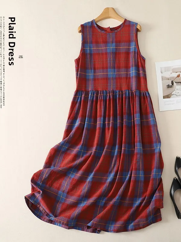 Artistic Style Midi Dress Large Size round Neck Sleeveless Gingham Vest Long Skirt Flared Skirt Casual Wear Summer Dress
Artistic Style Midi Dress Large Size round Neck Sleeveless Gingham Vest Long Skirt Flared Skirt Casual Wear Summer Dress
