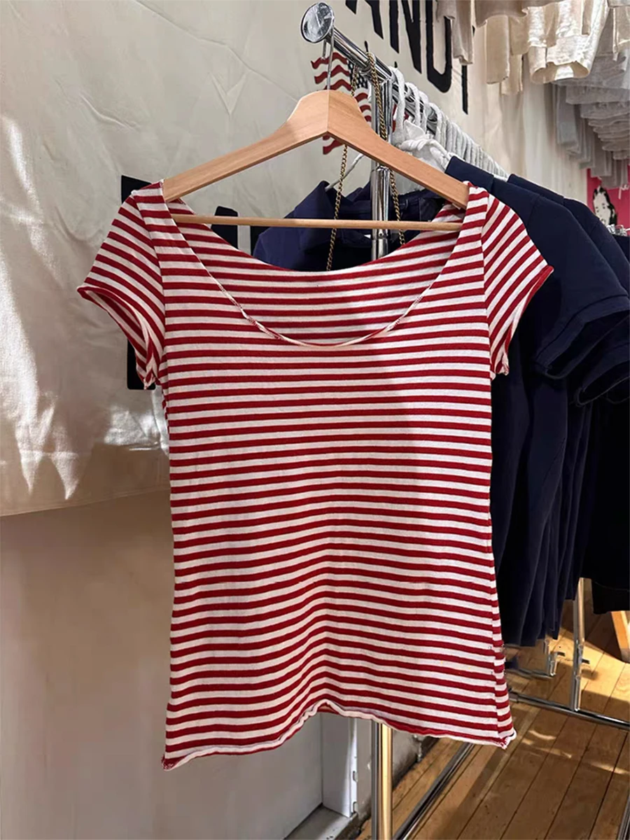 Red Striped Slash Neck Slim T-shirt For Woman Summer Cotton Raw Hem Short Sleeve Tees Vintage Y2k Streetwear Sweet New Crop Tops
Red Striped Slash Neck Slim T-shirt For Woman Summer Cotton Raw Hem Short Sleeve Tees Vintage Y2k Streetwear Sweet New Crop Tops