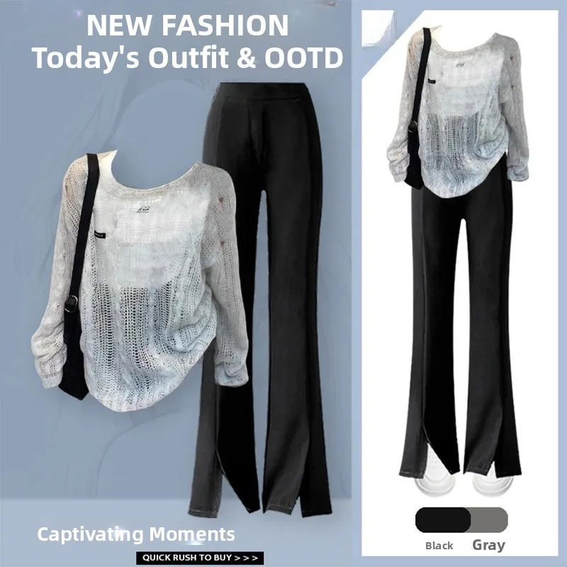 Elegant Lazy Style Hollow out Knitted Sweater Women Early Autumn New Thin Long Sleeve Cover up with High Waist Flared Pants
Elegant Lazy Style Hollow out Knitted Sweater Women Early Autumn New Thin Long Sleeve Cover up with High Waist Flared Pants