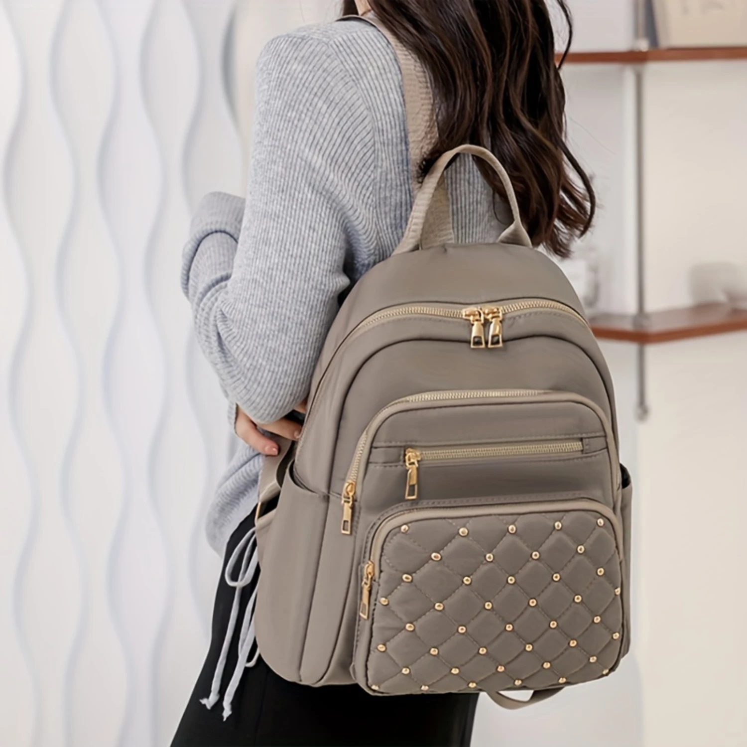 Elegant Nylon Backpack For Women, Large Capacity, Solid Color With Quilted Stitching And Details, Korean-style Fashionable Back
Elegant Nylon Backpack For Women, Large Capacity, Solid Color With Quilted Stitching And Details, Korean-style Fashionable Back