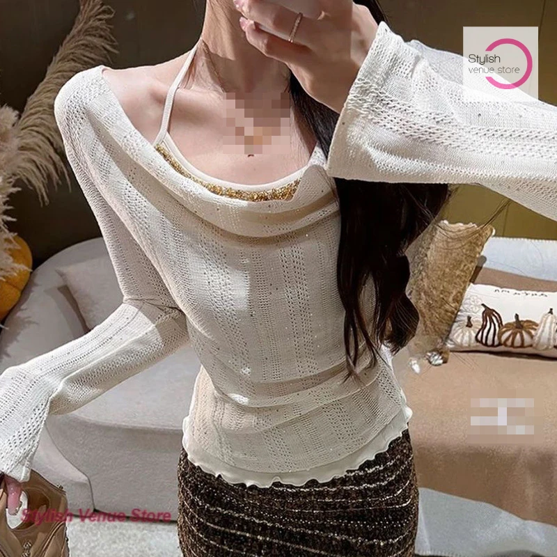 Korean-style broken flashing red collar fake two-piece rhinestone sweater women's spring and autumn new fashion slim waist top
Korean-style broken flashing red collar fake two-piece rhinestone sweater women's spring and autumn new fashion slim waist top