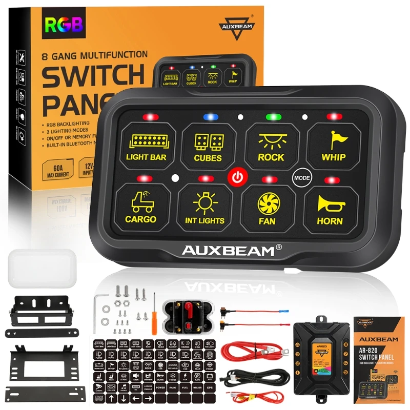 AUXBEAM (AR-820 8 Gang Switch Panel App Control RGB Automatic Dimmable Backlight Two-Sided Outlet for Truck UTV SUV Boat
AUXBEAM (AR-820 8 Gang Switch Panel App Control RGB Automatic Dimmable Backlight Two-Sided Outlet for Truck UTV SUV Boat