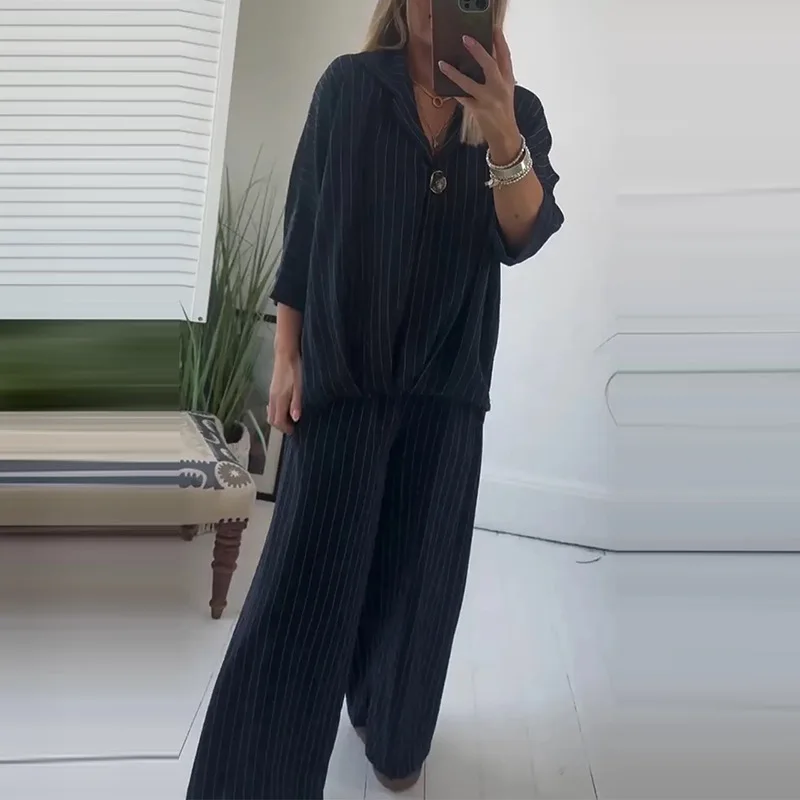 Casual Striped Trousers Suit For Women Loose Lapel Half Sleeve Single-breasted Shirt Lace-up Shorts Women's Fashion 2-piece Suit
Casual Striped Trousers Suit For Women Loose Lapel Half Sleeve Single-breasted Shirt Lace-up Shorts Women's Fashion 2-piece Suit