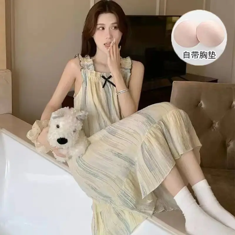 Mid-length Nightgown for Girls' Summer New Korean Cute Striped Sexy Suspender Pajamas Long Dress Hot Clothes Ladies Pyjamas Lady
Mid-length Nightgown for Girls' Summer New Korean Cute Striped Sexy Suspender Pajamas Long Dress Hot Clothes Ladies Pyjamas Lady