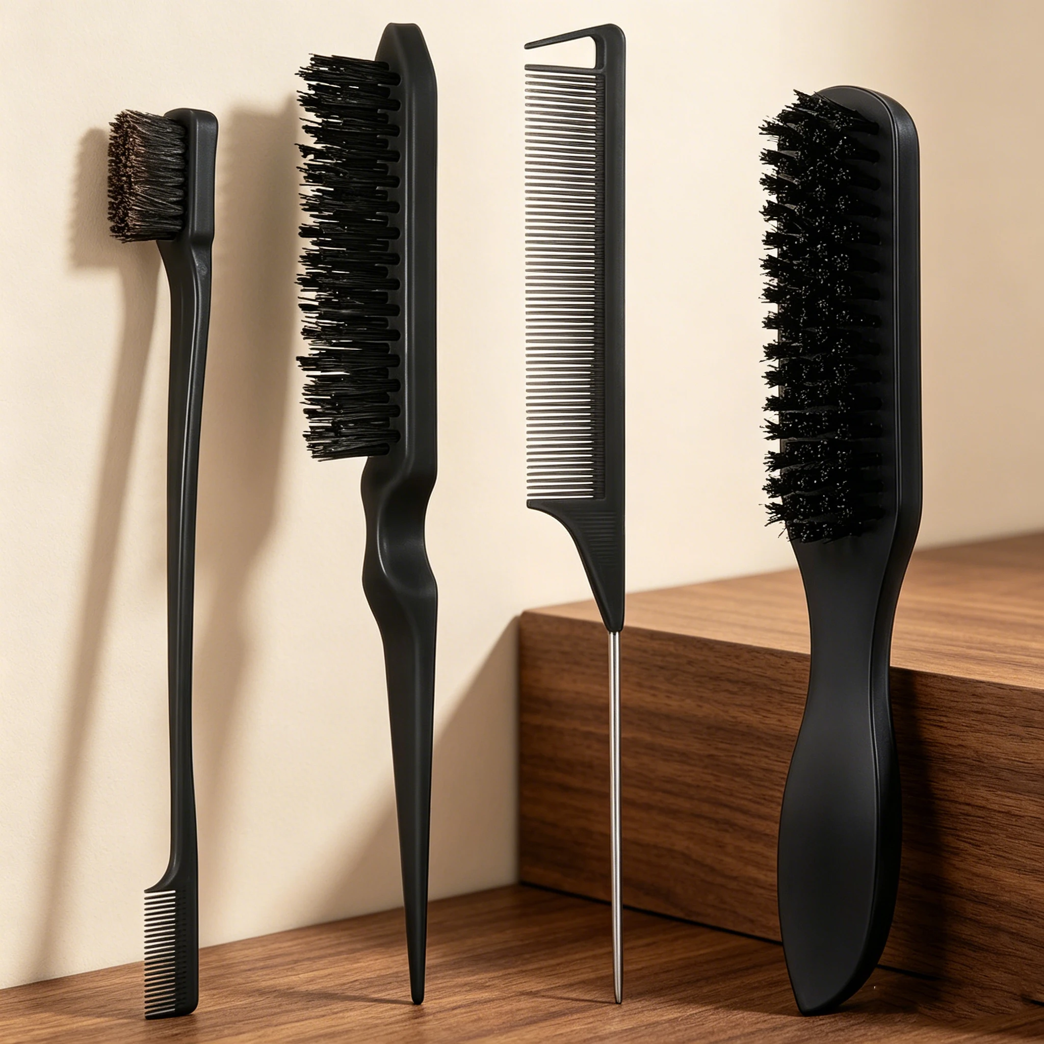 4-piece comb styling set with steel needle pointed tail comb, nylon hair brush, edge control brush, special for real hair wigs
4-piece comb styling set with steel needle pointed tail comb, nylon hair brush, edge control brush, special for real hair wigs