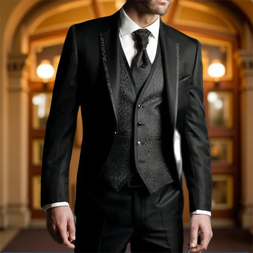 Black Formal Suits for Men Slim Fit Wedding Groom Tuxedo 3 Pieces Floral Male Fashion Suit Set Jacket Vest with Pants Custom 
Black Formal Suits for Men Slim Fit Wedding Groom Tuxedo 3 Pieces Floral Male Fashion Suit Set Jacket Vest with Pants Custom
