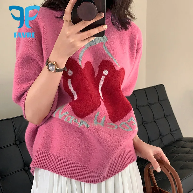 FAVRE Pink Cherry Sweater Women Knitted Short Sleeve Pullover Spring O-Neck Korean Style Cute Sweaters Women Harajuku Jumpers
FAVRE Pink Cherry Sweater Women Knitted Short Sleeve Pullover Spring O-Neck Korean Style Cute Sweaters Women Harajuku Jumpers