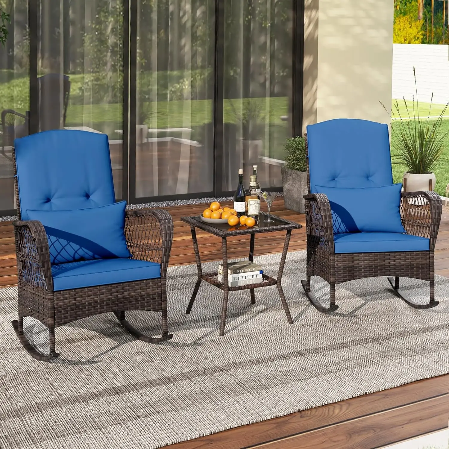 3 Pieces Patio Furniture Wicker Rocker Set, Outdoor Rocking Chairs with Cushions, Pillows, Glass Coffee Table, Rattan Bistro Set
3 Pieces Patio Furniture Wicker Rocker Set, Outdoor Rocking Chairs with Cushions, Pillows, Glass Coffee Table, Rattan Bistro Set