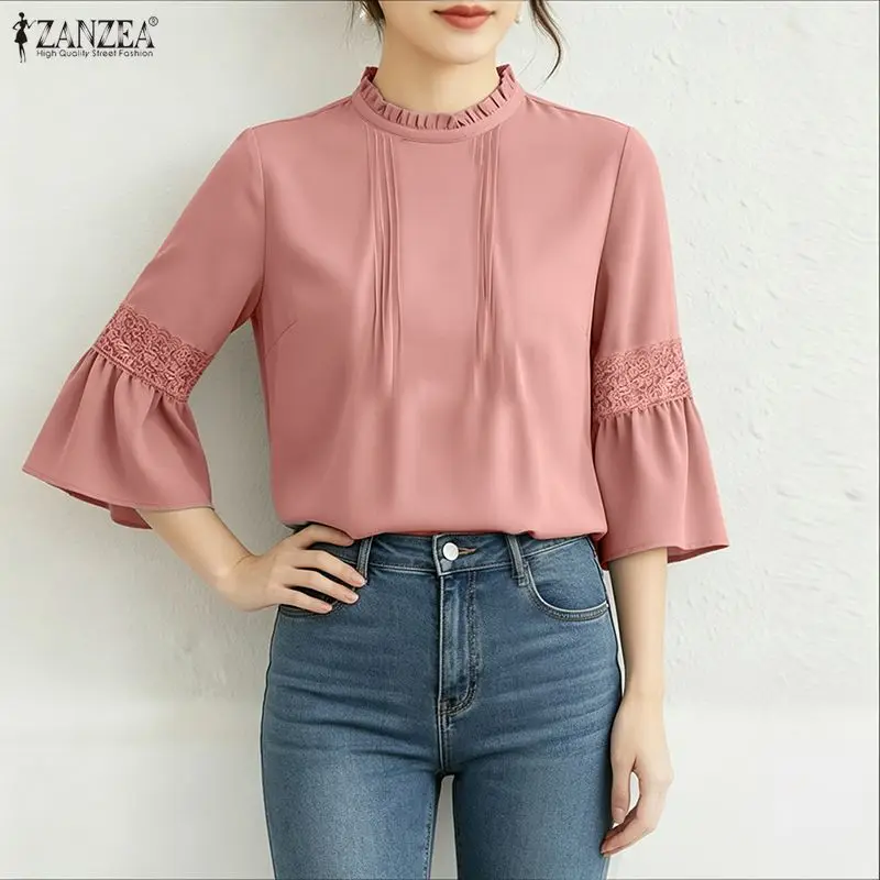 ZANZEA Woman Lace Paneled 3/4 Flare Sleeves Blouses Vintage Ruffled Trim O-Neck Pintuck Solid Tops Daily Casual Blusas de Mujer
ZANZEA Woman Lace Paneled 3/4 Flare Sleeves Blouses Vintage Ruffled Trim O-Neck Pintuck Solid Tops Daily Casual Blusas de Mujer