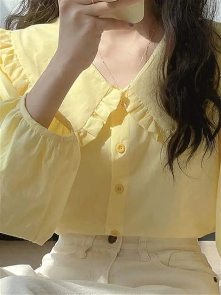 Sweet Yellow Long Sleeve Doll Collar Women's Shirt Vintage Chic Design Spring Fashion Casual Loose Fit Button up Top
Sweet Yellow Long Sleeve Doll Collar Women's Shirt Vintage Chic Design Spring Fashion Casual Loose Fit Button up Top