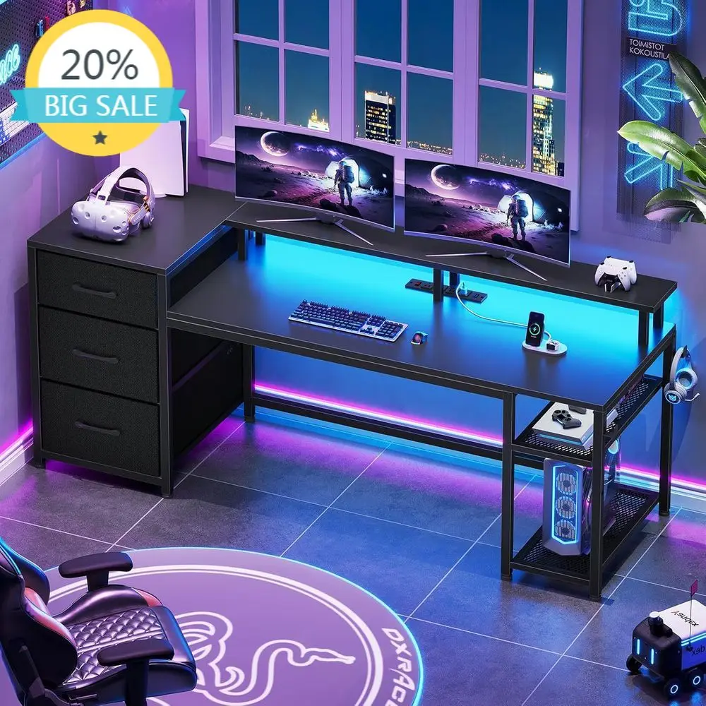 59-inch Desk with Drawers, Reversible Workstation, LED-lit Gaming Desk, Storage & Power Outlet, Ideal for Home Office, Printer,
59-inch Desk with Drawers, Reversible Workstation, LED-lit Gaming Desk, Storage & Power Outlet, Ideal for Home Office, Printer,