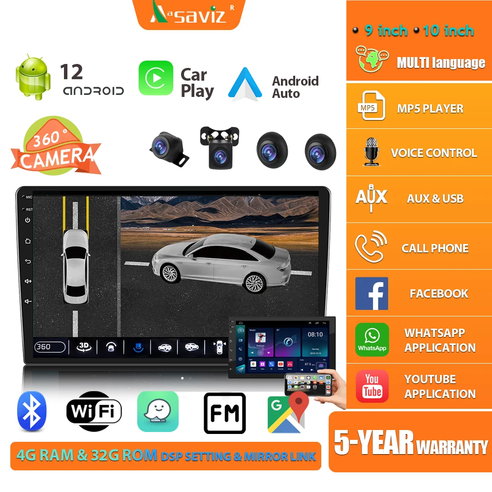 Aasaviz Car Radio Android Player with 360 Camera 8 Core 4G+32G DSP Car System Car Player Support WIFI GPS Bluetooth RDS Radio
Aasaviz Car Radio Android Player with 360 Camera 8 Core 4G+32G DSP Car System Car Player Support WIFI GPS Bluetooth RDS Radio