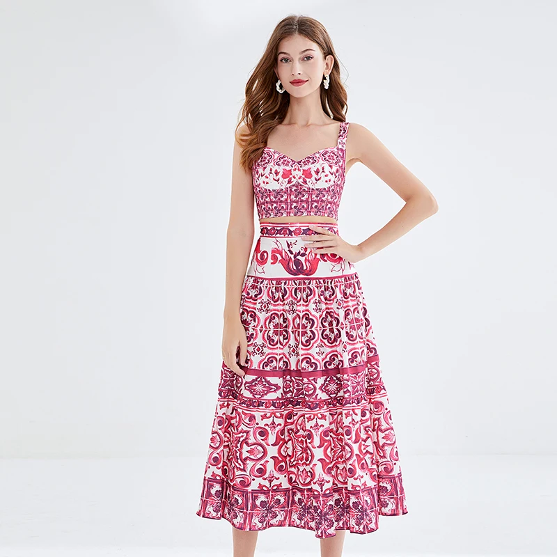 Summer Red Flower Print Holiday Two Piece Set Runway Women Sleeveless Vest Chest Pad Croped Top + High Waist Long Skirt Suits
Summer Red Flower Print Holiday Two Piece Set Runway Women Sleeveless Vest Chest Pad Croped Top + High Waist Long Skirt Suits