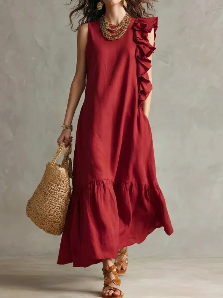 Retro Solid Sleeveless Long Dress O Neck Loose Maxi Sundress Boho Beach Dress Irregular Ruffle Fashion Women Summer
Retro Solid Sleeveless Long Dress O Neck Loose Maxi Sundress Boho Beach Dress Irregular Ruffle Fashion Women Summer