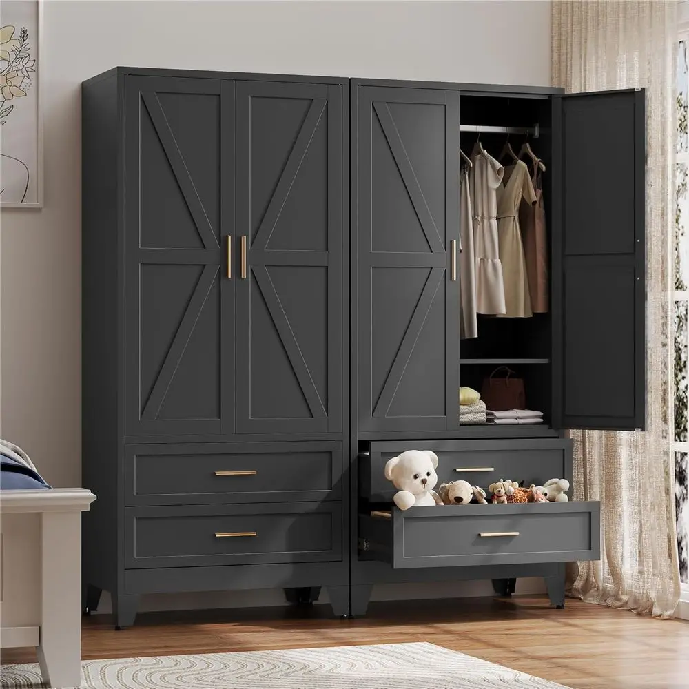 71 Metal Wardrobe Cabinet with Hanging Rod and Adjustable Shelves for Bedroom and Laundry Room in Black
71 Metal Wardrobe Cabinet with Hanging Rod and Adjustable Shelves for Bedroom and Laundry Room in Black