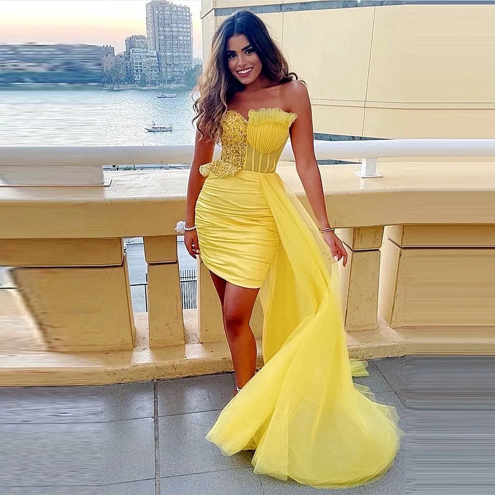 Yellow Mini Prom Dresse With Side Train Strapless Pleats Sequins & Satin Girls Homecomig Dress Holiday Cocktail Gowns To Party
Yellow Mini Prom Dresse With Side Train Strapless Pleats Sequins & Satin Girls Homecomig Dress Holiday Cocktail Gowns To Party
