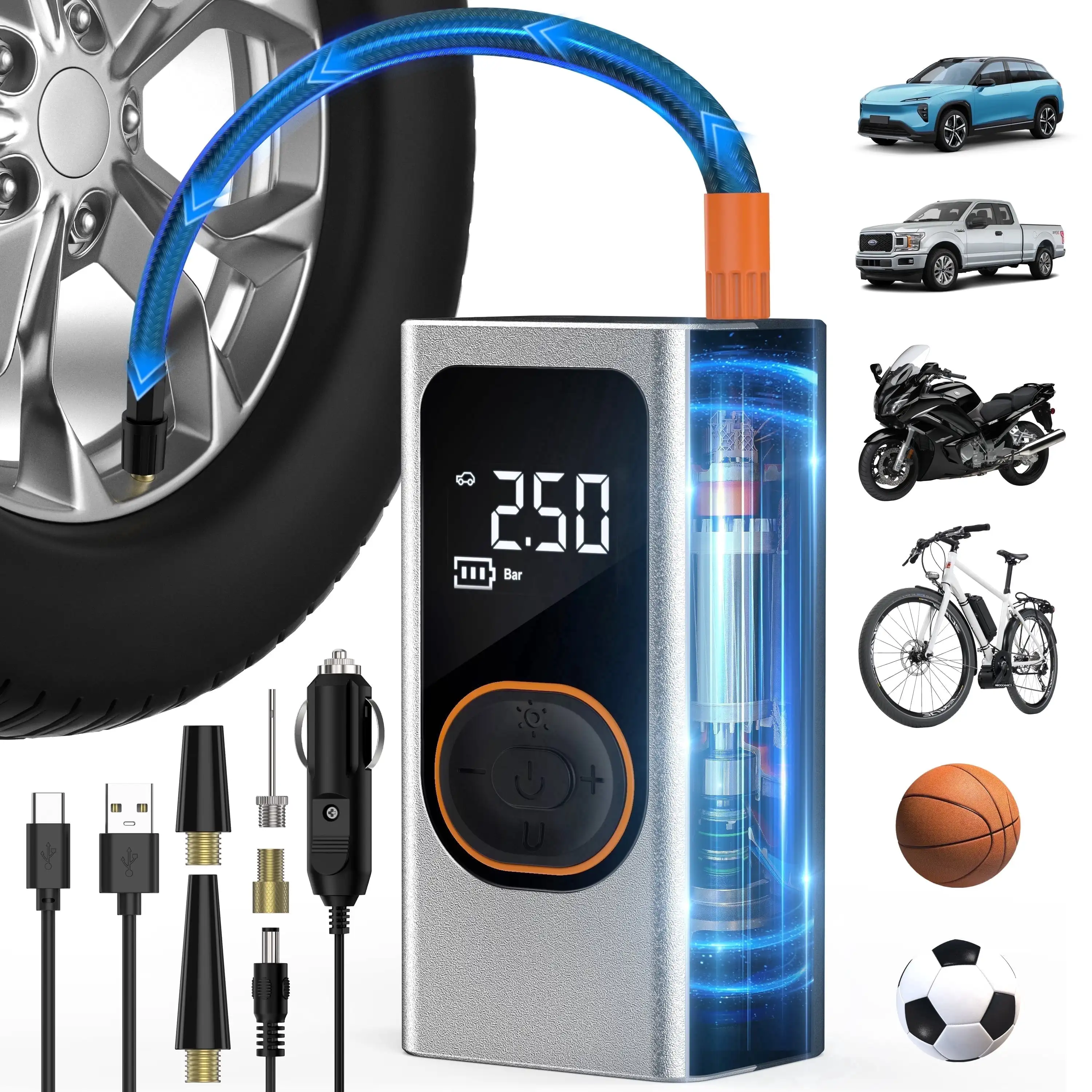 Cordless Tire Inflator, Dual Mode Portable Air Compressor, Smart Electric Pump with Digital Gauge & LED Light for Car Motorcycle Bicycle
Cordless Tire Inflator, Dual Mode Portable Air Compressor, Smart Electric Pump with Digital Gauge & LED Light for Car Motorcycle Bicycle