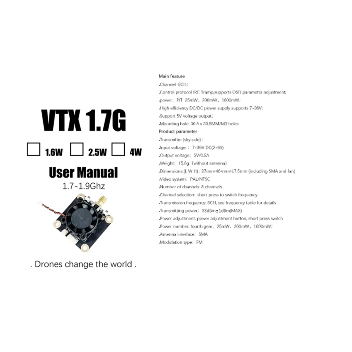 1,7G-1,9G 1,6 Вт FPV VTX 8-канальный модуль видеопередатчика FPV PAL/NTSC для FatShark Skyzone FPV Goggles_A02I
1,7G-1,9G 1,6 Вт FPV VTX 8-канальный модуль видеопередатчика FPV PAL/NTSC для FatShark Skyzone FPV Goggles_A02I