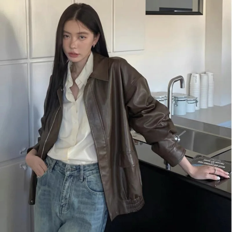 American Retro Brown Motorcycle Leather Coat Female Y2k Fashion Casual Autumn Korean Temperament Leather Jacket Punk Trend Tops
American Retro Brown Motorcycle Leather Coat Female Y2k Fashion Casual Autumn Korean Temperament Leather Jacket Punk Trend Tops