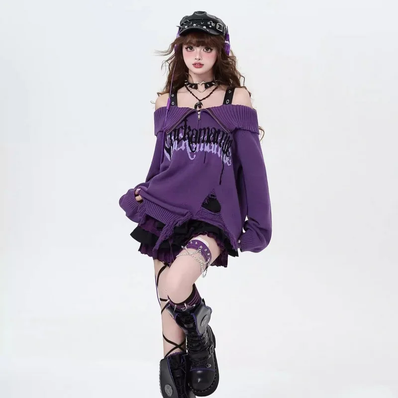 Women's Purple Gothic Distressed Off Shoulder Sweater Autumn Winter Y2K Streetwear Knit Top
Women's Purple Gothic Distressed Off Shoulder Sweater Autumn Winter Y2K Streetwear Knit Top