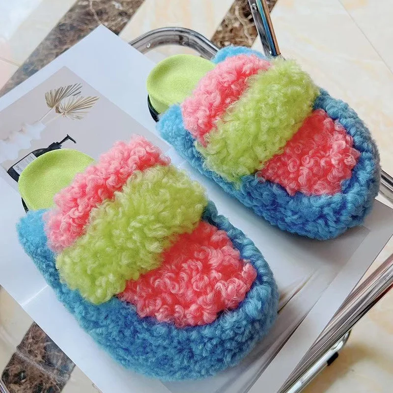 Color Matching Creative Baotou Slippers Sheep-rolled Fur Thick Sole Warm Fashion Slippers Winter Indoor Lady Fluffy Slippers
Color Matching Creative Baotou Slippers Sheep-rolled Fur Thick Sole Warm Fashion Slippers Winter Indoor Lady Fluffy Slippers