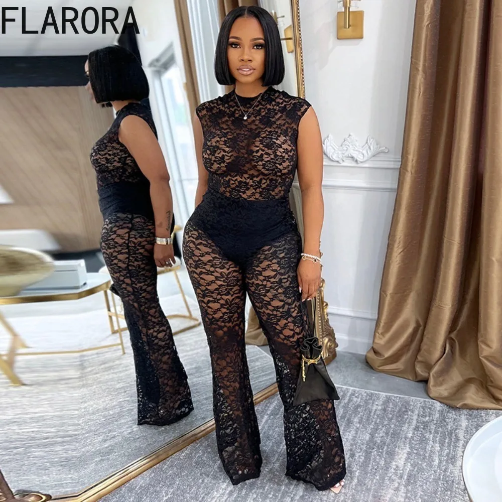FLARORA Sexy Lace See Through 2 Pcs Sets Woman Round Neck Sleeveless Bodysuits And Flare Pants Outfits Midnight Party Clubwear
FLARORA Sexy Lace See Through 2 Pcs Sets Woman Round Neck Sleeveless Bodysuits And Flare Pants Outfits Midnight Party Clubwear