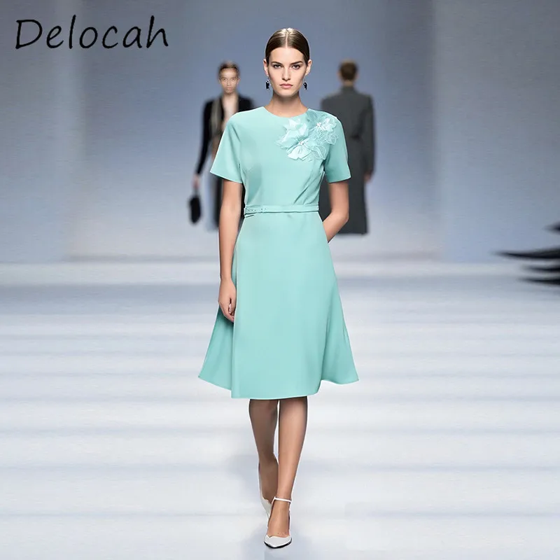 Delocah Fashion High Quality Women's Wear Design Round Collar Appliques Blue Knee Length Short Sleeve Sashes Slimming Dress
Delocah Fashion High Quality Women's Wear Design Round Collar Appliques Blue Knee Length Short Sleeve Sashes Slimming Dress