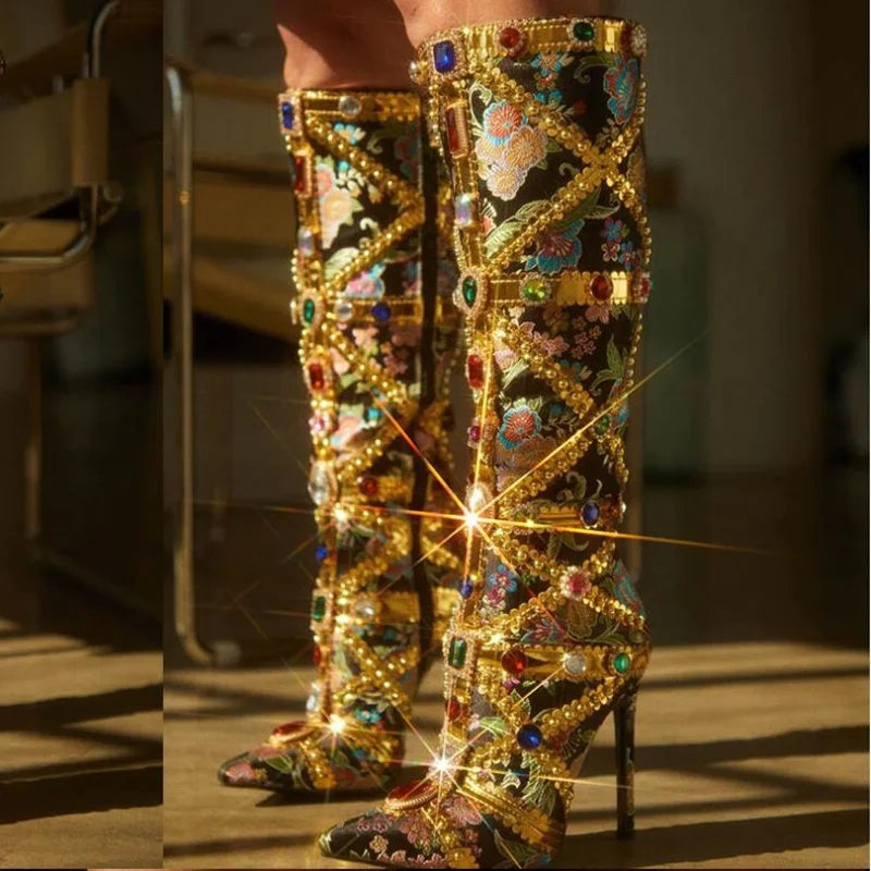 Colorful Gem Rhinestone Knee High Boots Floral Embroidered Satin Pointed Toe Thin Heels Thigh High Boots Size 44
Colorful Gem Rhinestone Knee High Boots Floral Embroidered Satin Pointed Toe Thin Heels Thigh High Boots Size 44