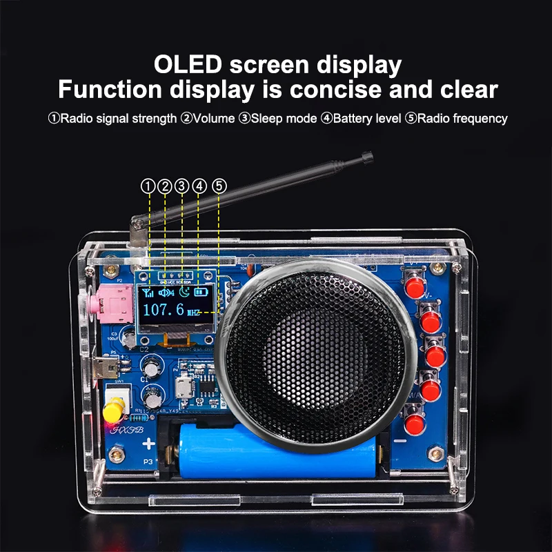 Комплект FM-радио «сделай сам», OLED-дисплей, комплект для сборки радио, 87-108 МГц, перезаряжаемый FM-радио, электронный проект, набор для пайки
Комплект FM-радио «сделай сам», OLED-дисплей, комплект для сборки радио, 87-108 МГц, перезаряжаемый FM-радио, электронный проект, набор для пайки