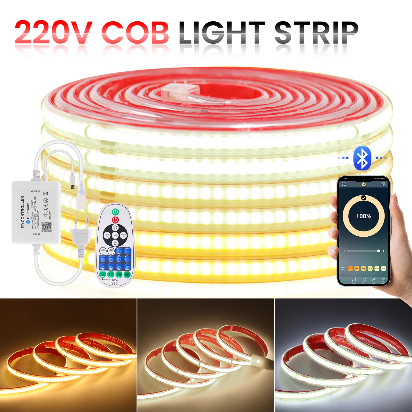 220V Dimmable COB LED Strip Light Waterproof 240Leds/M Adhesive Tape Ribbon with Bluetooth App 23Key Remote Control Power Kit
220V Dimmable COB LED Strip Light Waterproof 240Leds/M Adhesive Tape Ribbon with Bluetooth App 23Key Remote Control Power Kit