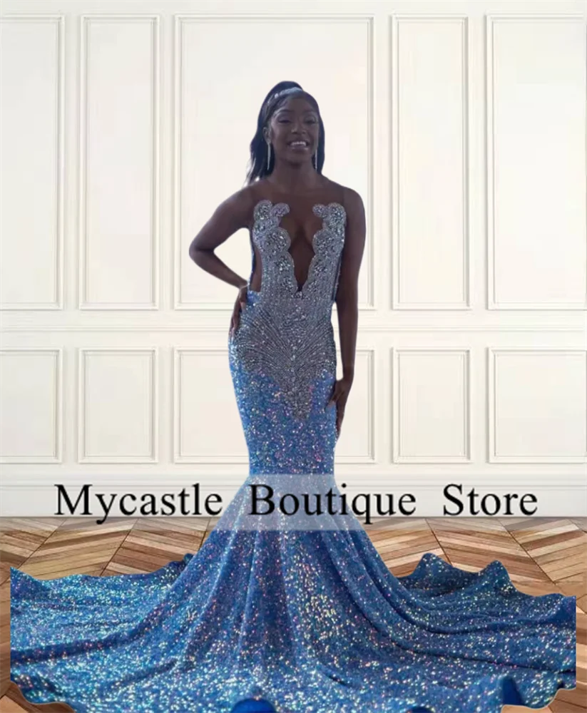 Sparkly Sky Blue Sequins Long Prom Dresses For Black Girl 2025 Crystal Rhinestones Mermaid Birthday Formal Party Gown Customized
Sparkly Sky Blue Sequins Long Prom Dresses For Black Girl 2025 Crystal Rhinestones Mermaid Birthday Formal Party Gown Customized