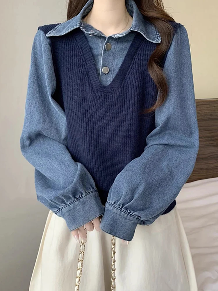 Dark Blue Knitted Vest underneath Denim Shirt Women's 2026 Early Spring New Large Size Fat MM Fake Two-Piece Top
Dark Blue Knitted Vest underneath Denim Shirt Women's 2026 Early Spring New Large Size Fat MM Fake Two-Piece Top