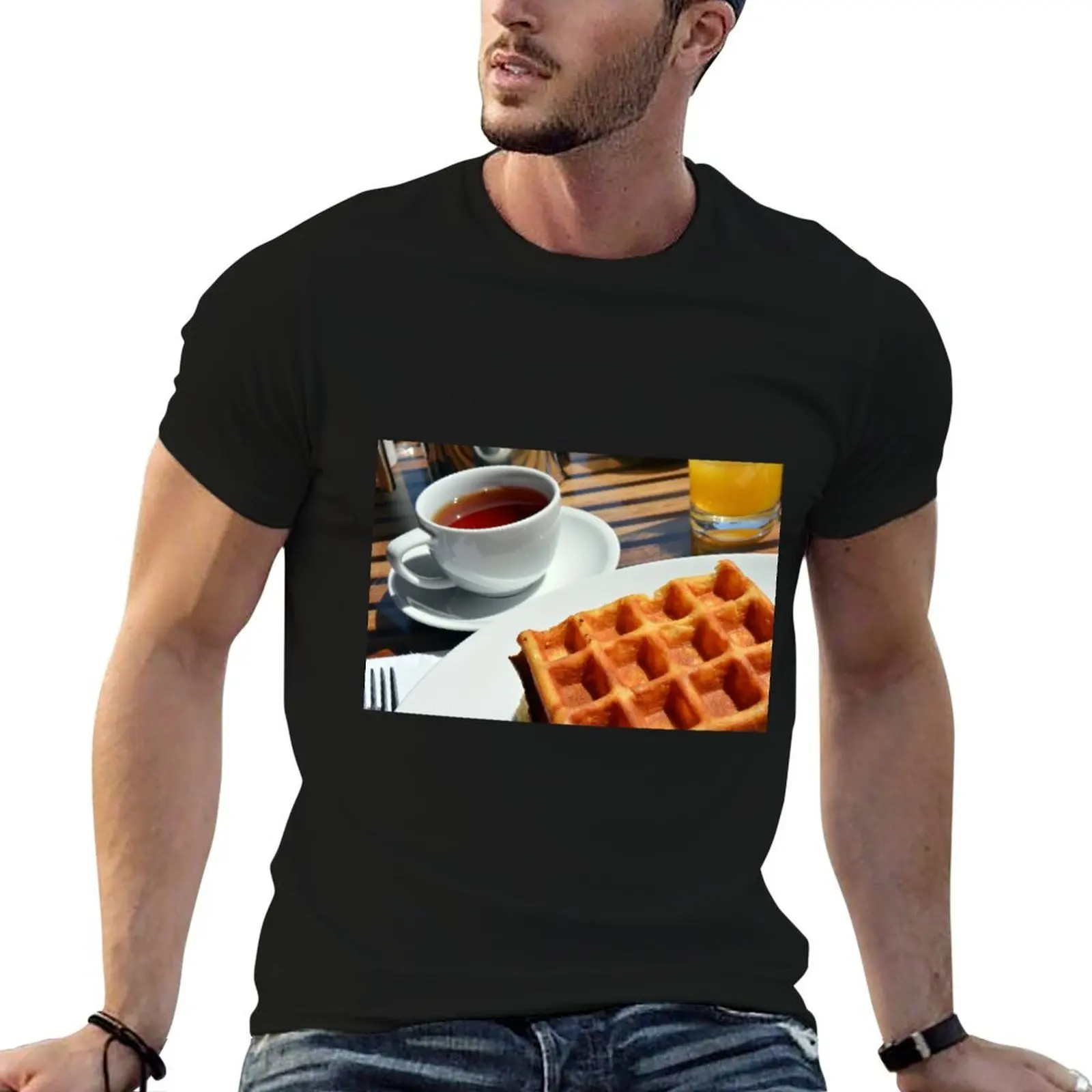Breakfast or desert with waffle, a cup of tea and orange juice. T-Shirt t shirt for man T-Shirt
Breakfast or desert with waffle, a cup of tea and orange juice. T-Shirt t shirt for man T-Shirt