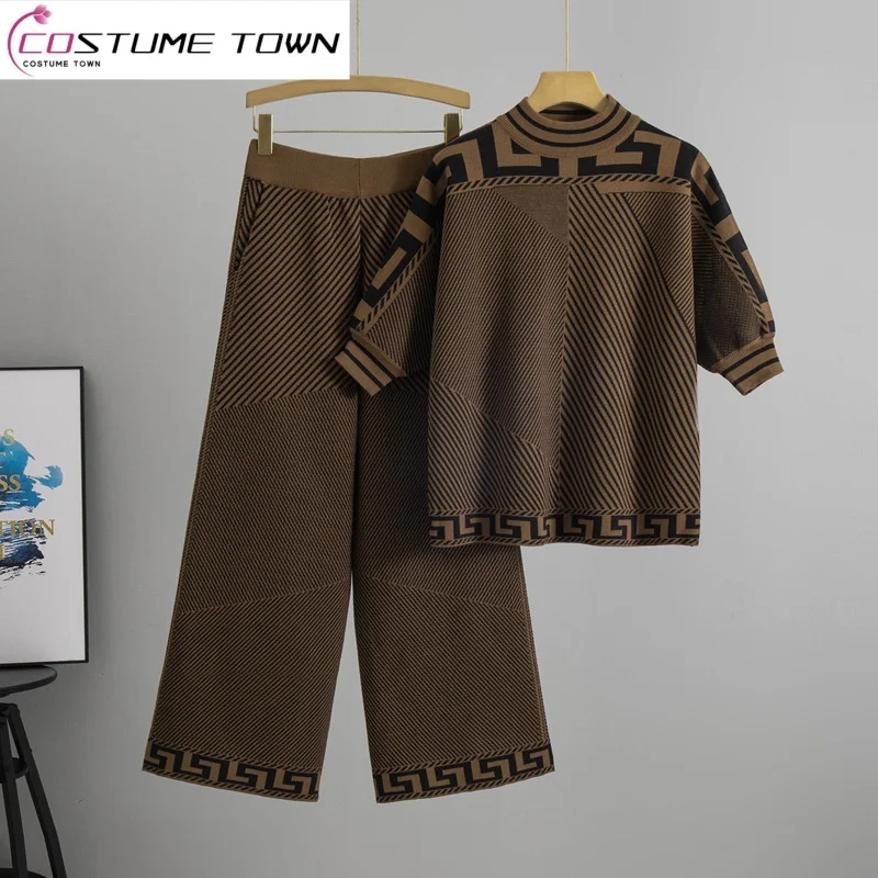 Women's Spring/Summer New Short Sleeve Striped Knitted Top Casual High Waist Wide Leg Pants Two Piece Set
Women's Spring/Summer New Short Sleeve Striped Knitted Top Casual High Waist Wide Leg Pants Two Piece Set