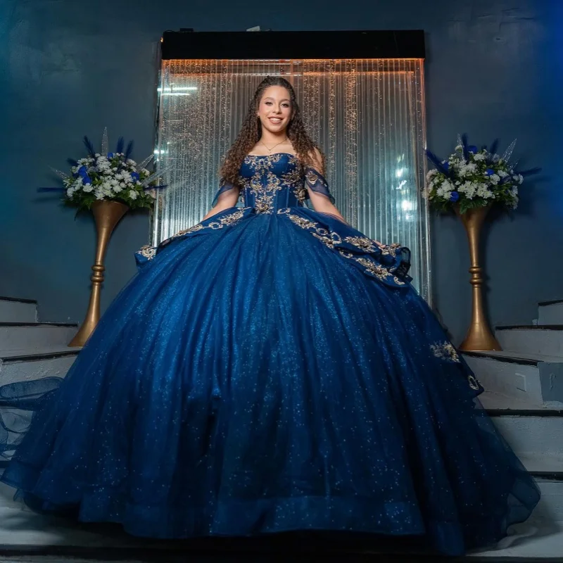 Shiny Dark Blue Quinceanera Dresses Off the Shoulder Glitter Decal Lace Layering Long tail Vestido De 15 Quinceanera Customize
Shiny Dark Blue Quinceanera Dresses Off the Shoulder Glitter Decal Lace Layering Long tail Vestido De 15 Quinceanera Customize