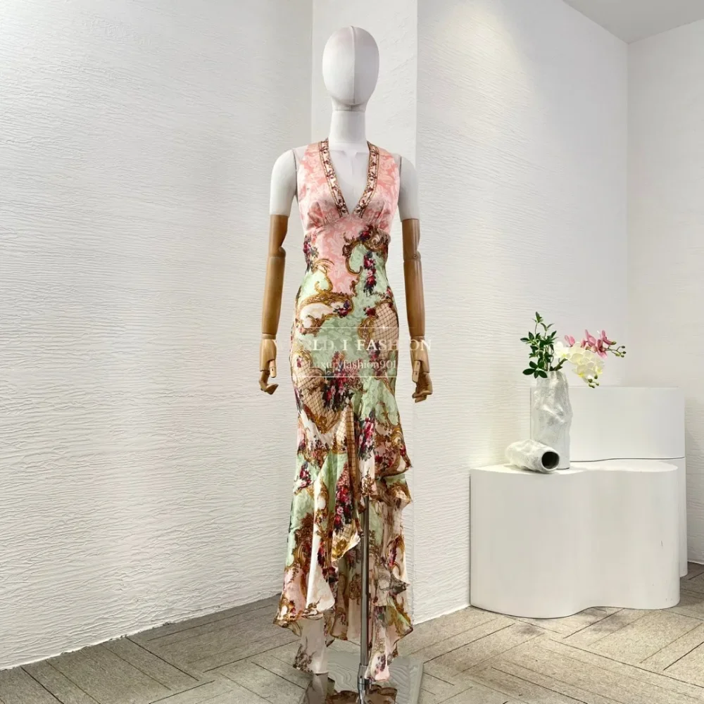 High Quality Pink Green Floral Print Wrap The Buttocks Sleeveless Backless Irregular Midi Dress
High Quality Pink Green Floral Print Wrap The Buttocks Sleeveless Backless Irregular Midi Dress