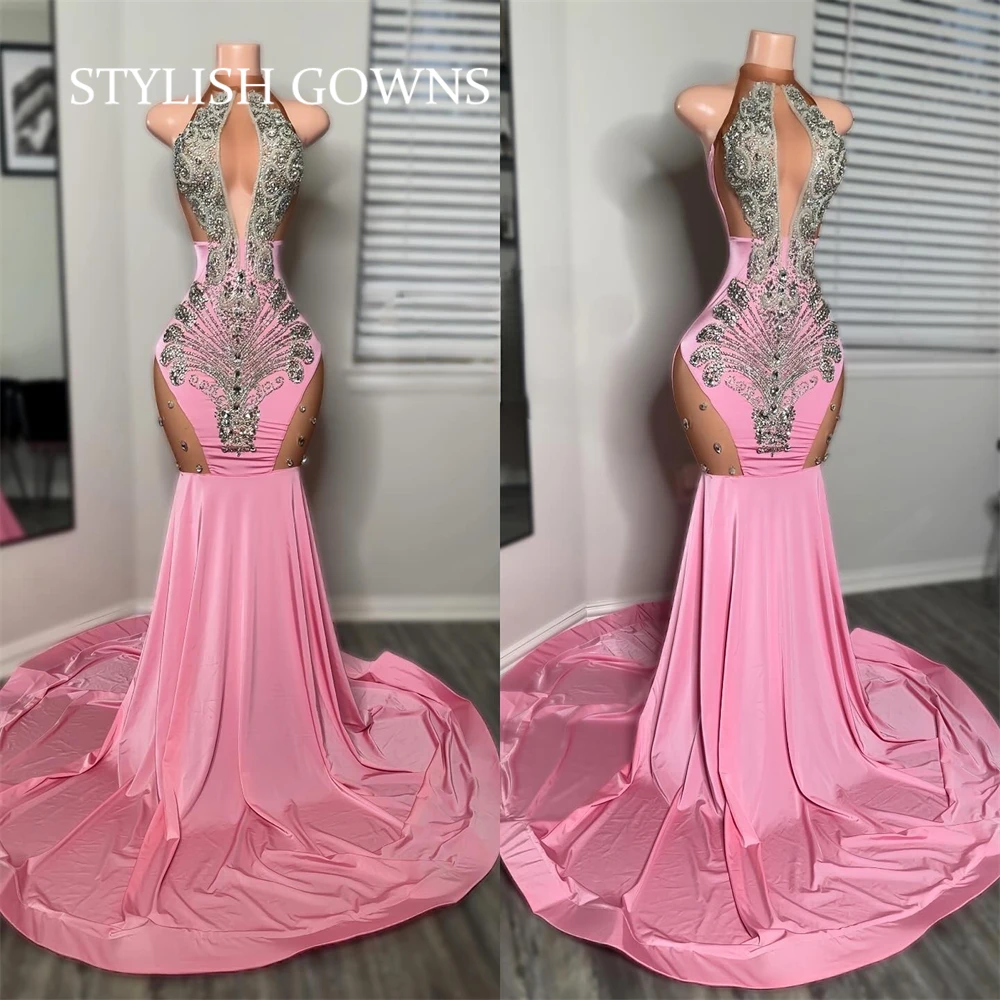 Pink Halter Prom Dresses For Special Occasion Silvery Beaded Crystal Black Girls Mermaid Sexy Evening Party Dress Customized
Pink Halter Prom Dresses For Special Occasion Silvery Beaded Crystal Black Girls Mermaid Sexy Evening Party Dress Customized