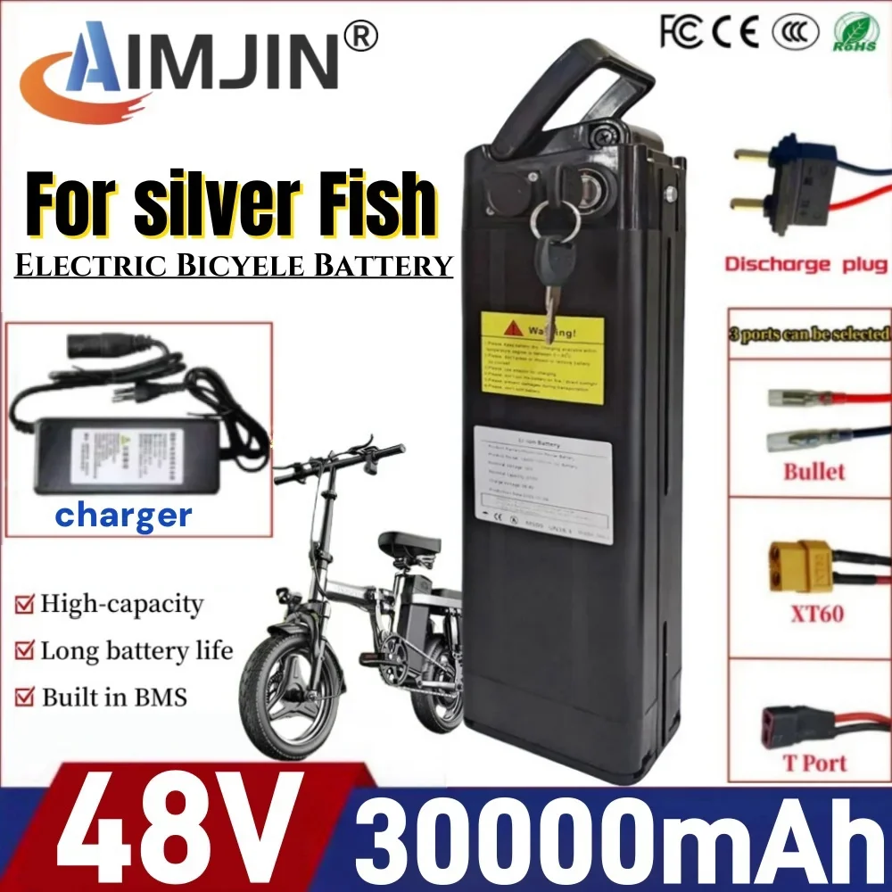 Silver Fish battery 48V 30Ah 250W-1500W With BMS Lithium Ion Battery with Aluminum Case Anti-theft Lock ,Bottom discharge
Silver Fish battery 48V 30Ah 250W-1500W With BMS Lithium Ion Battery with Aluminum Case Anti-theft Lock ,Bottom discharge