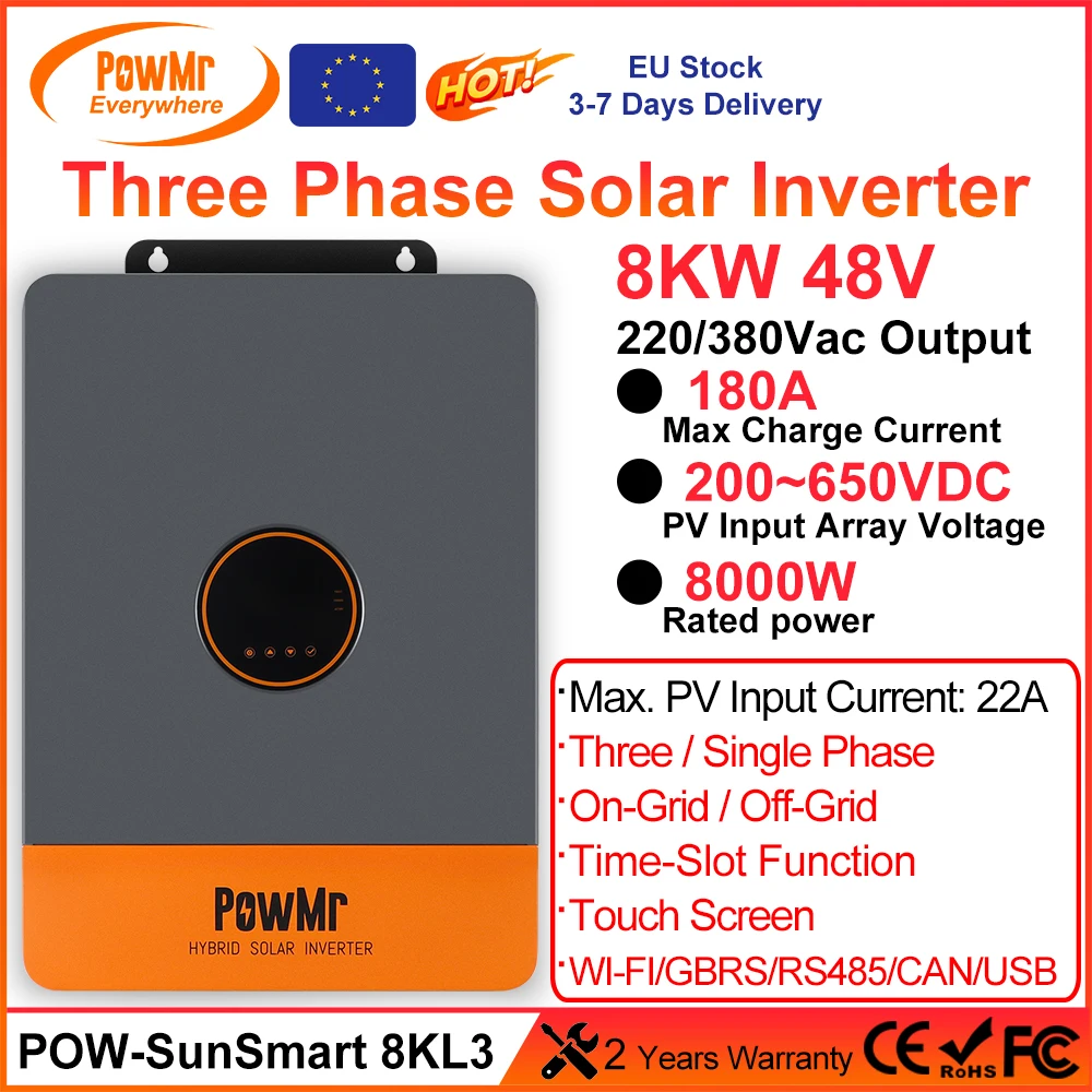 PowMr 8KW Three Phase MPPT Hybrid Solar Inverter 380Vac With 180A Charge Controller for 48Vdc Battery Max 800Vdc Solar Panels
PowMr 8KW Three Phase MPPT Hybrid Solar Inverter 380Vac With 180A Charge Controller for 48Vdc Battery Max 800Vdc Solar Panels