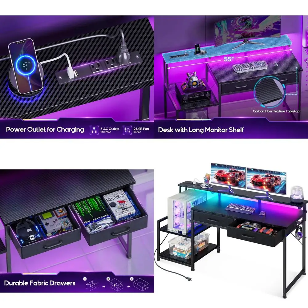 LED-Illuminated 55 Gaming Desk with Power Outlet, Drawers, and Display Shelves in Carbon Fiber Black
LED-Illuminated 55 Gaming Desk with Power Outlet, Drawers, and Display Shelves in Carbon Fiber Black