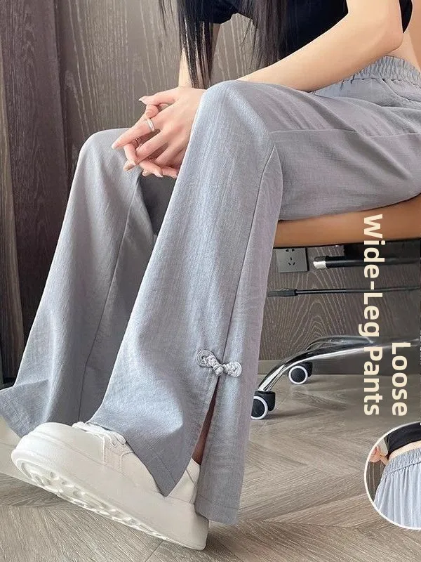 New Chinese Style High Waist Wide Leg Pants Women's Loose Summer Thin Ice Silk Bell Bottoms Decorative Buttons Casual Trousers
New Chinese Style High Waist Wide Leg Pants Women's Loose Summer Thin Ice Silk Bell Bottoms Decorative Buttons Casual Trousers