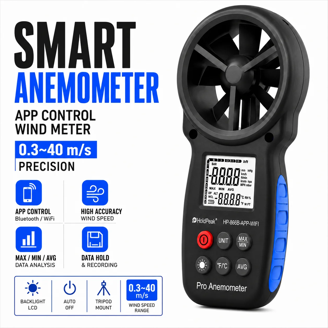 WiFi APP Control Digital Anemometer Vane Type, HoldPeak 866B-APP-WIFI Wind Speed Gauge with Beaufort Scale, 5 Switchable Units
WiFi APP Control Digital Anemometer Vane Type, HoldPeak 866B-APP-WIFI Wind Speed Gauge with Beaufort Scale, 5 Switchable Units