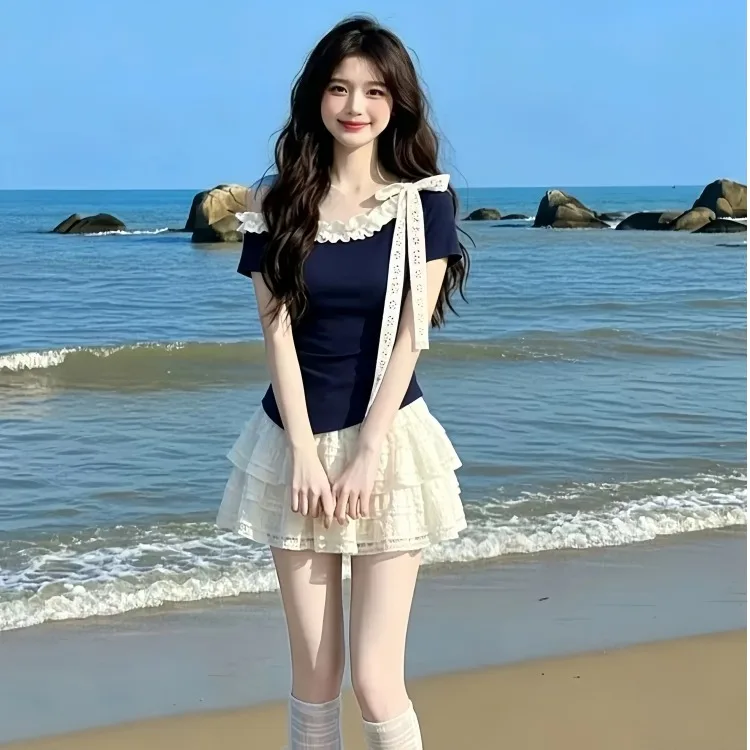 Korean Sweet Style Lace Short Sleeve High Waist Banded Top And Skirt Two Piece Set for Women Summer Fashion Casual Wear
Korean Sweet Style Lace Short Sleeve High Waist Banded Top And Skirt Two Piece Set for Women Summer Fashion Casual Wear