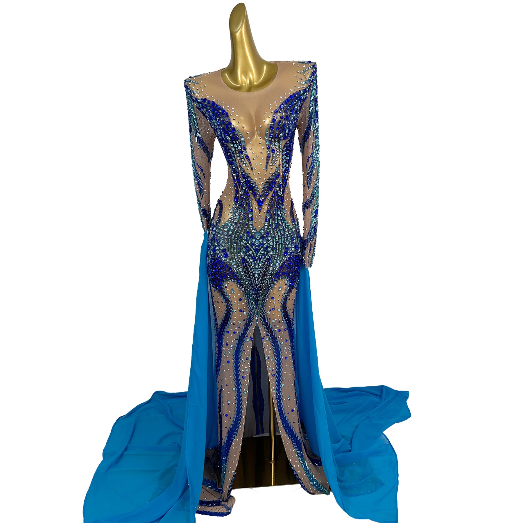 Kuyedie Womens Luxury Blue Rhinestone Sheer Mesh Maxi Dress Long Sleeve Bodycon With Tulle Train Formal Evening Party Gown
Kuyedie Womens Luxury Blue Rhinestone Sheer Mesh Maxi Dress Long Sleeve Bodycon With Tulle Train Formal Evening Party Gown