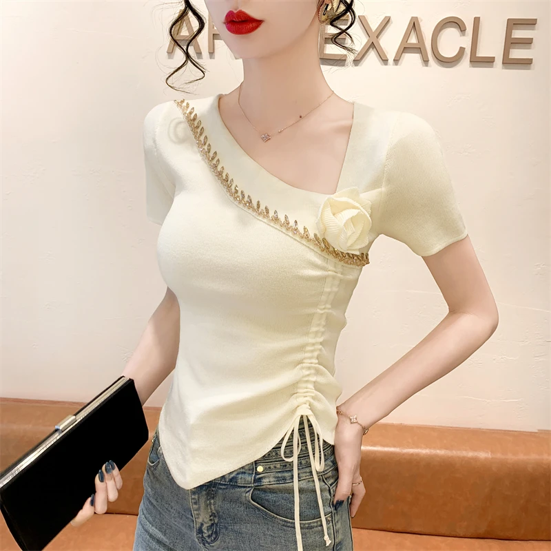 New Fashion Women Thin Knitted Short Sleeve T-Shirt Sexy Shiny Hot Diamonds Tees Irregular Drawstring Ladies Slim Elastic Tops
New Fashion Women Thin Knitted Short Sleeve T-Shirt Sexy Shiny Hot Diamonds Tees Irregular Drawstring Ladies Slim Elastic Tops